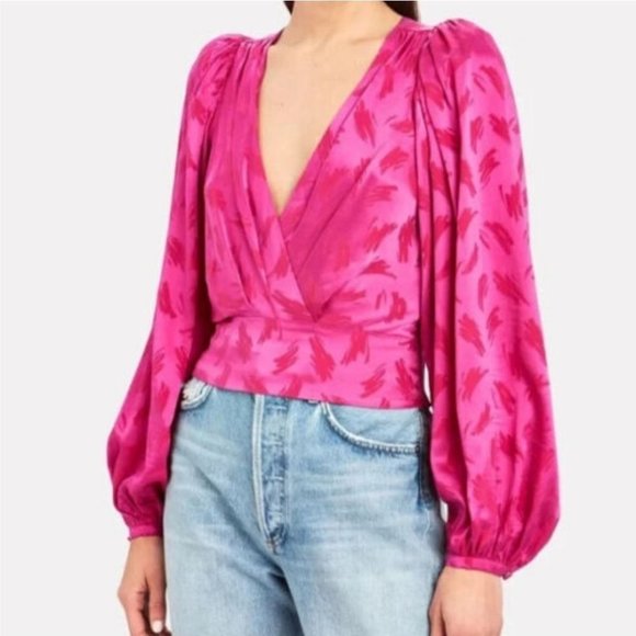Ronny Kobo Collection Tops - Ronny Kobo Collection Fuchsia Pink Satin Long Sleeve Wrap Blouse